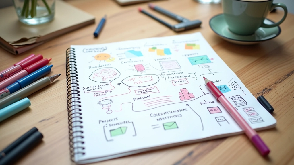 Campagnebriefing met notities, gekleurde markeringen en brainstorm schetsen op houten tafel