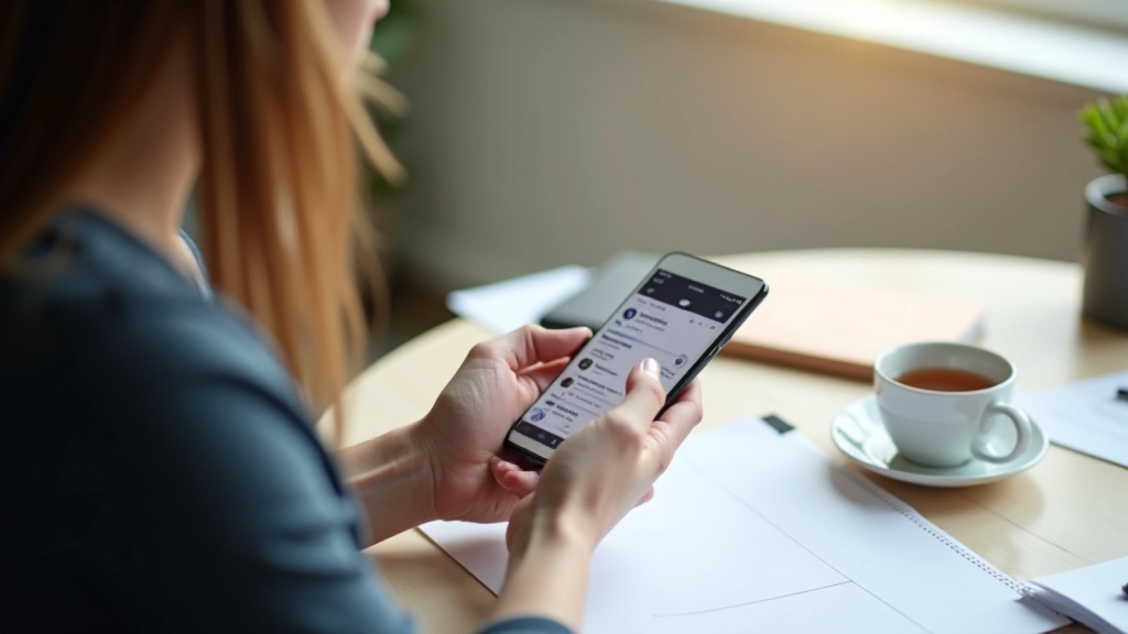 Persoon die social media updates post op smartphone, omgeven door notities over engagement strategie
